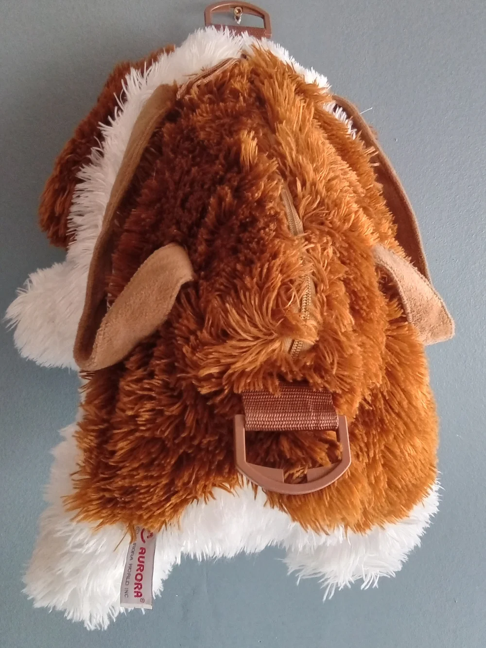 Aurora World Plush Puppy Dog Backpack Brown White Shaggy Faux‎ Fur Kids Bag